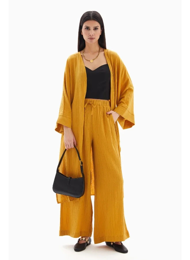 Wecre8 Yellow Textured Set of Kimono with Trousers
