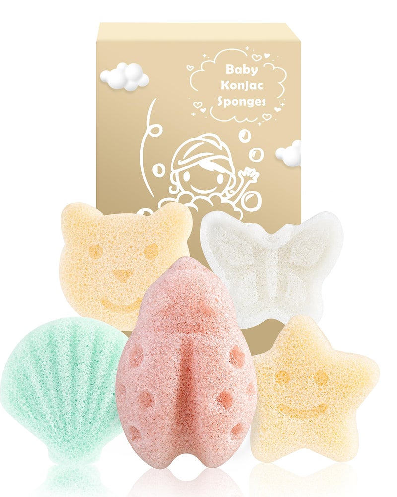 MoHern Konjac Baby Sponge for Bathing, 5Pcs Natural Cute Shapes, Kids Bath sponges for Infants, Toddler Bath time, Plant-Based, Extra Soft - Image 1