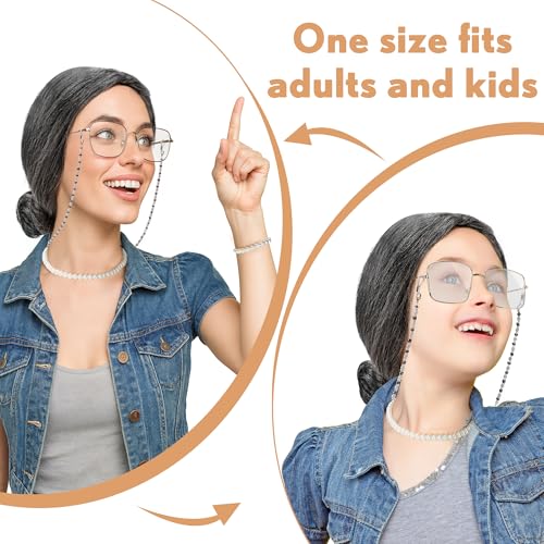 Huskein Old Lady Costume for Women, Grandma Wigs Set, Black White Bun Wig Glasses Wig Cap Pearl Necklace Bracelet Kids Accessories - Image 4