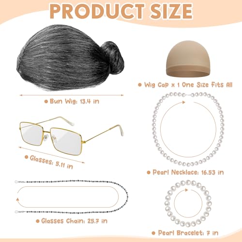 Huskein Old Lady Costume for Women, Grandma Wigs Set, Black White Bun Wig Glasses Wig Cap Pearl Necklace Bracelet Kids Accessories - Image 2