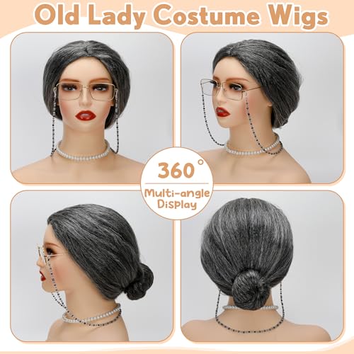 Huskein Old Lady Costume for Women, Grandma Wigs Set, Black White Bun Wig Glasses Wig Cap Pearl Necklace Bracelet Kids Accessories - Image 3