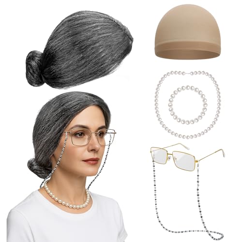 Huskein Old Lady Costume for Women, Grandma Wigs Set, Black White Bun Wig Glasses Wig Cap Pearl Necklace Bracelet Kids Accessories - Image 1