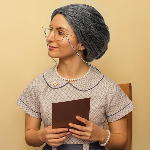 Huskein Old Lady Costume for Women, Grandma Wigs Set, Black White Bun Wig Glasses Wig Cap Pearl Necklace Bracelet Kids Accessories - Image 5