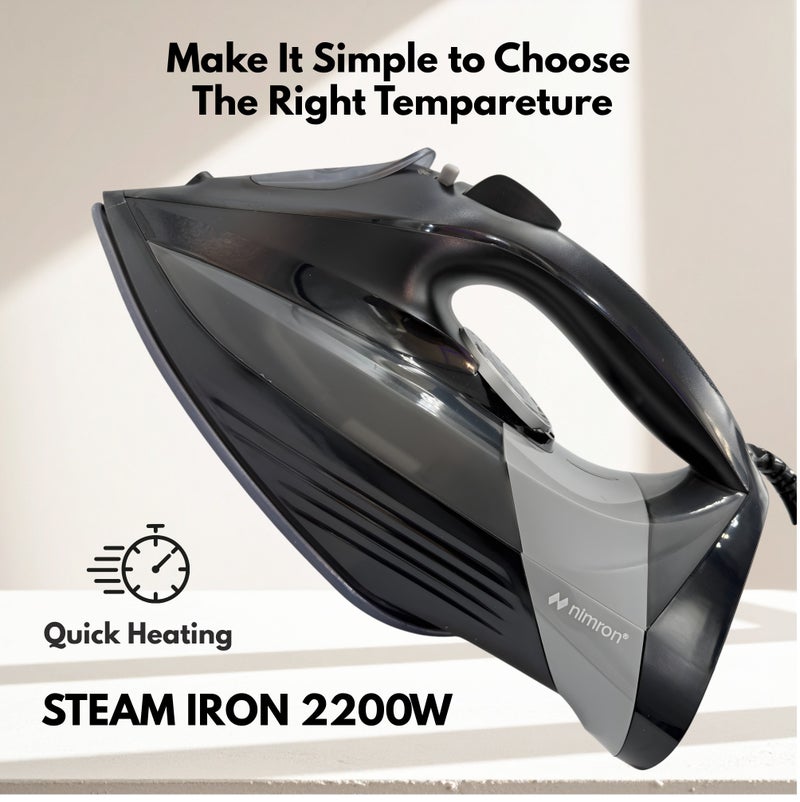 nimron Steam Iron 2200W Electric Clothes Iron with Adjustable Temperature Control, Non-Stick Soleplate & Fast Heating – NR6055I - Image 2