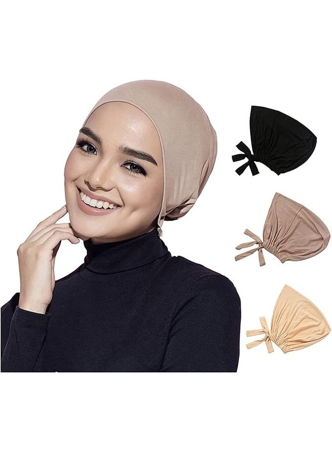 ChicAbode Women Under Scarf, 3Pcs Chemo Headwear Hat Hijab Cap, Under Scarf Hijab Cap, with Tie-Back Closure, Solid Color Women Hat Hijab Cap, Stretchy Sleeping Cap - Image 1
