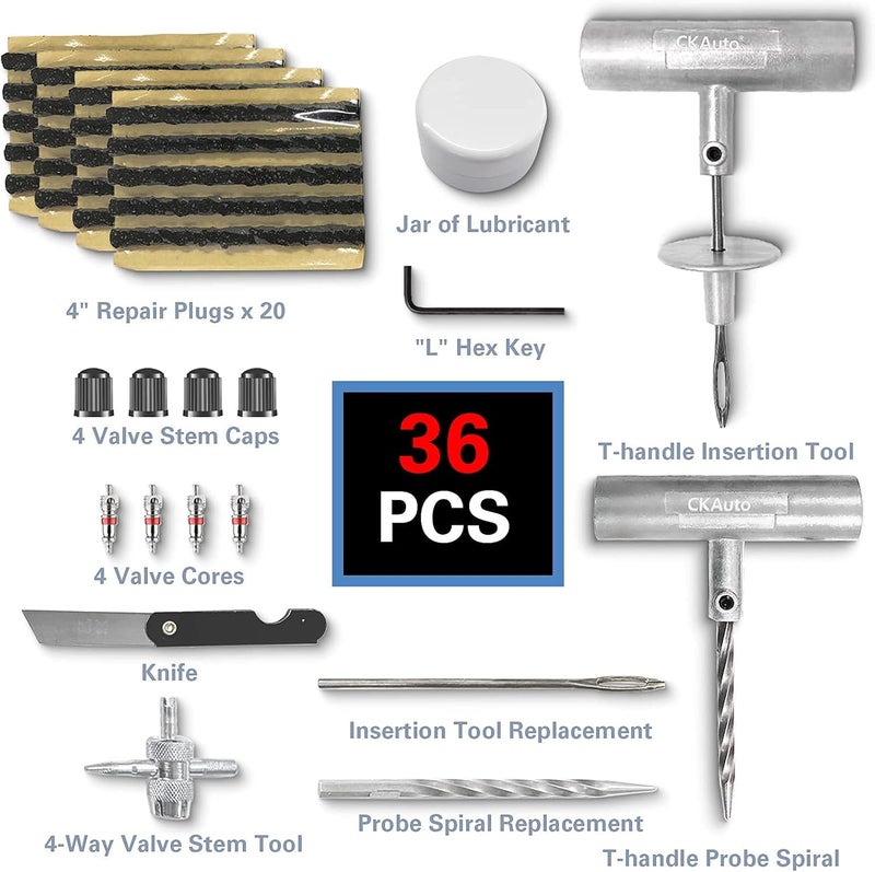 CKAuto Universal Tire Repair Kit - 36 Piece Heavy Duty Emergency Tool Kit for Flat Tire Puncture Repair - Image 2