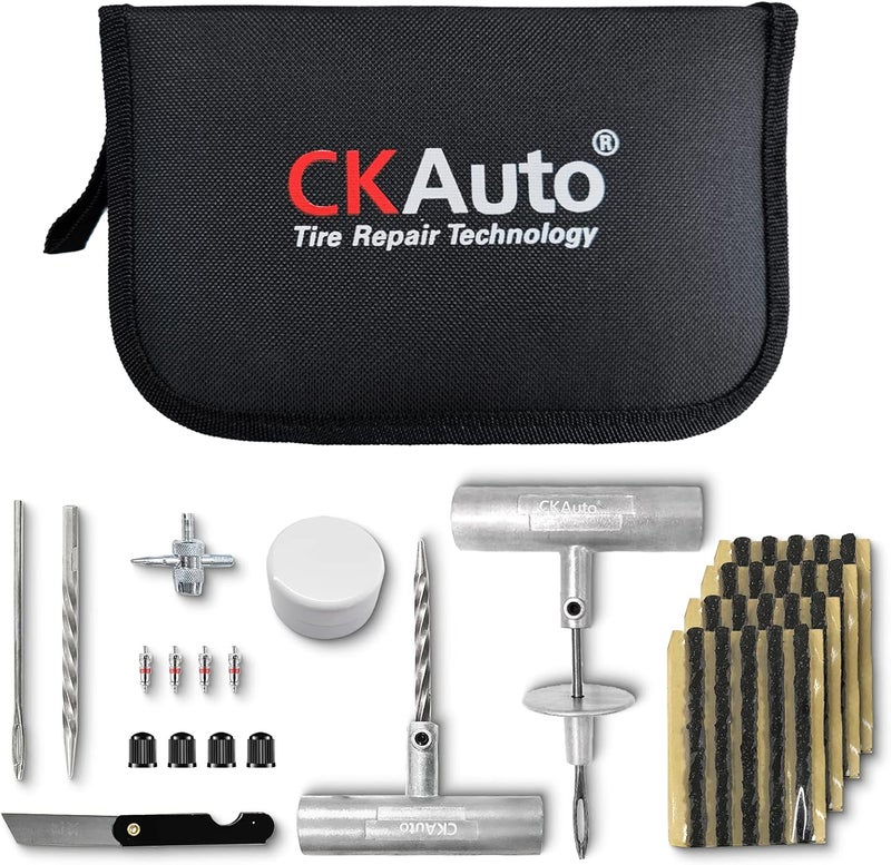CKAuto Universal Tire Repair Kit - 36 Piece Heavy Duty Emergency Tool Kit for Flat Tire Puncture Repair - Image 1