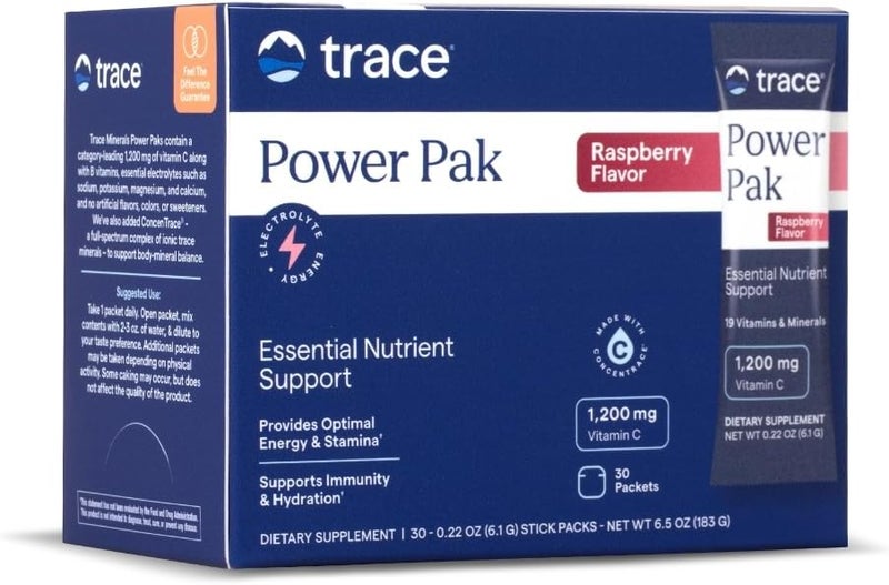Trace Minerals Power Pak  Daily Health Support Supplement with Vitamins  Minerals  Power Packet Aids Immune Health  Hydration  Mix Powder Supports Bodily Functions  Raspberry 30 Servings - Image 1