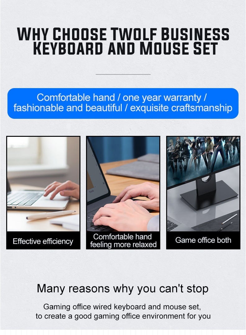 T-WOLF A wired keyboard and mouse set suitable for business office and daily entertainment. The keyboard adopts 104 keys, ABS material, and ergonomic key layout. The key contact area is moderate, and the pressing feel is gentle. It is not easy to fatigue the wrist during long-term office work. - Image 2