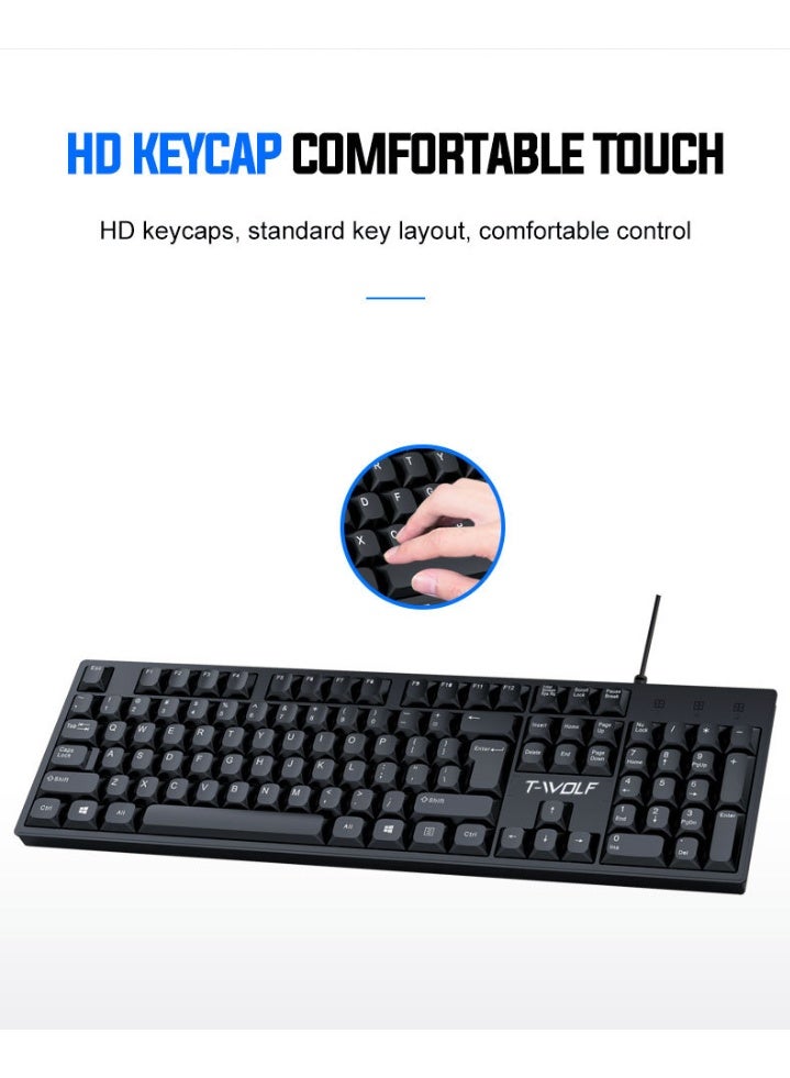 T-WOLF A wired keyboard and mouse set suitable for business office and daily entertainment. The keyboard adopts 104 keys, ABS material, and ergonomic key layout. The key contact area is moderate, and the pressing feel is gentle. It is not easy to fatigue the wrist during long-term office work. - Image 5
