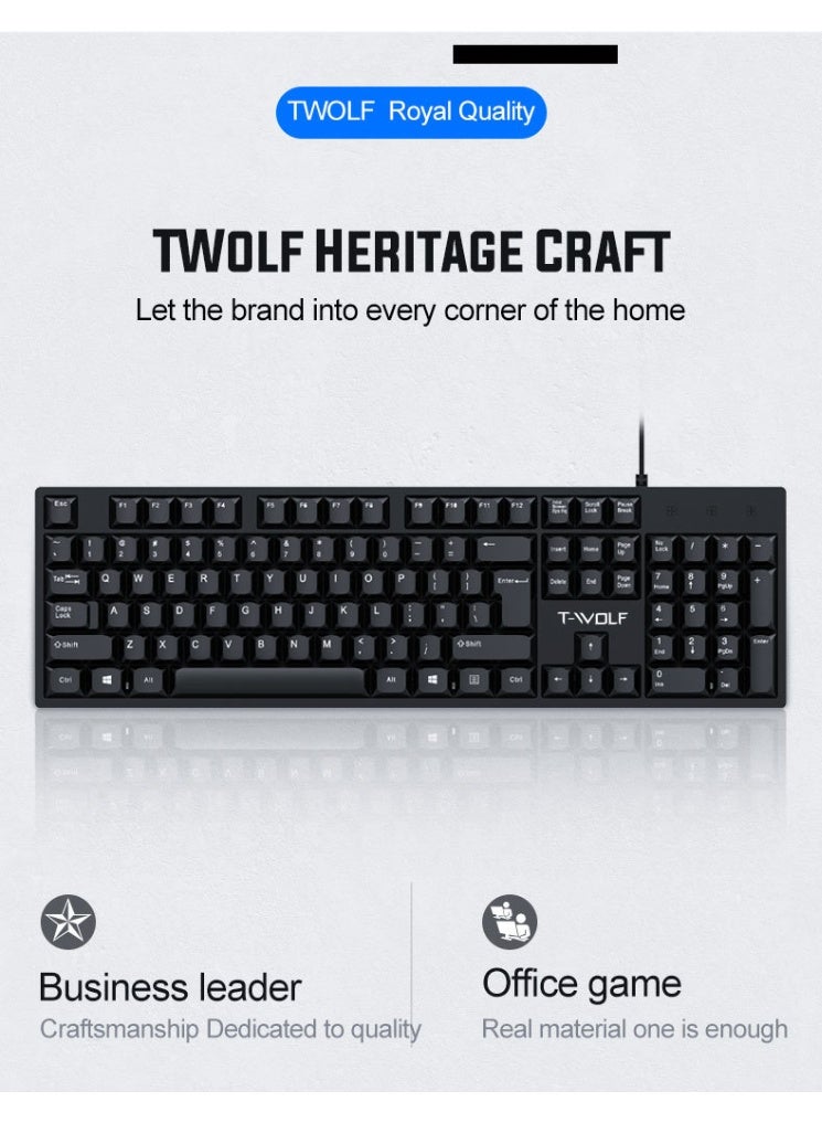 T-WOLF A wired keyboard and mouse set suitable for business office and daily entertainment. The keyboard adopts 104 keys, ABS material, and ergonomic key layout. The key contact area is moderate, and the pressing feel is gentle. It is not easy to fatigue the wrist during long-term office work. - Image 4