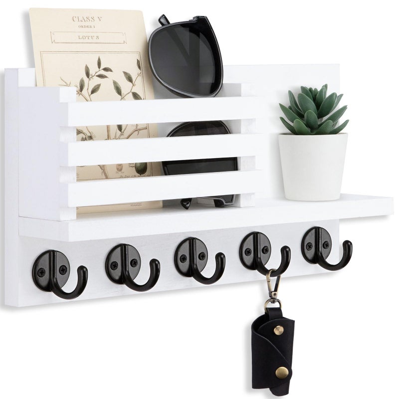 Lwenki Key Holder for Wall â€“ Decorative Wooden Mail Holder and Key Shelf with Mounting Hardware, Installation Guide â€“ Paulownia Wood with 5 Metal Key Hooks (11.8â€ x 6.7â€ x 2.8â€) - Image 1