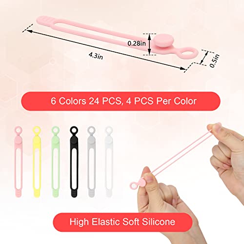 Catcan 24 PCS Silicone Cable Ties, Catcan Reusable Cord Ties for Electrical Cords, Multipurpose Elastic Cord Organizer Straps for Bundling Fastening Charging Cords Earphone Cable (6 Colors) - Image 2