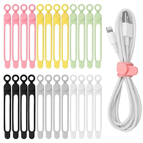 Catcan 24 PCS Silicone Cable Ties, Catcan Reusable Cord Ties for Electrical Cords, Multipurpose Elastic Cord Organizer Straps for Bundling Fastening Charging Cords Earphone Cable (6 Colors) - Image 1