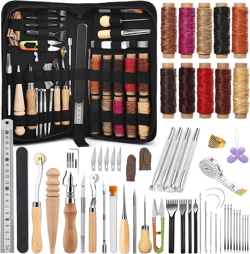 JUPEAN 60 Pcs Leather Working Tools Leather Sewing Kit Leather Craft Tools with Storage Bag Stamping Tools Stitching Groover Waxed Thread Prong Punch for Craft Making Stitching and Punching - Image 1