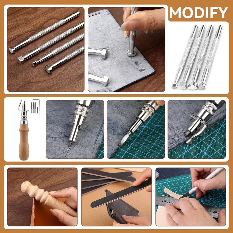 JUPEAN 60 Pcs Leather Working Tools Leather Sewing Kit Leather Craft Tools with Storage Bag Stamping Tools Stitching Groover Waxed Thread Prong Punch for Craft Making Stitching and Punching - Image 5
