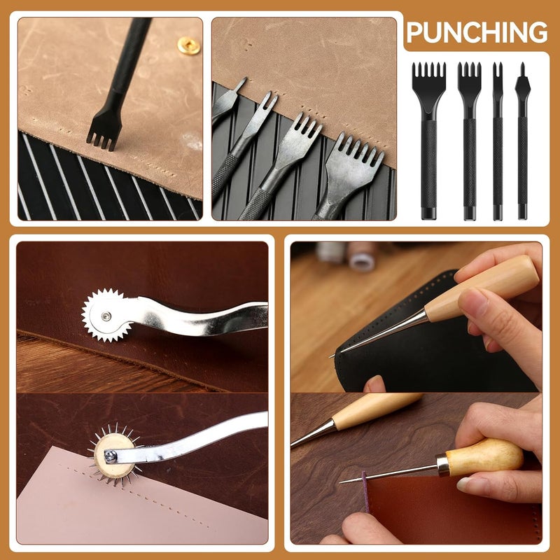 JUPEAN 60 Pcs Leather Working Tools Leather Sewing Kit Leather Craft Tools with Storage Bag Stamping Tools Stitching Groover Waxed Thread Prong Punch for Craft Making Stitching and Punching - Image 4