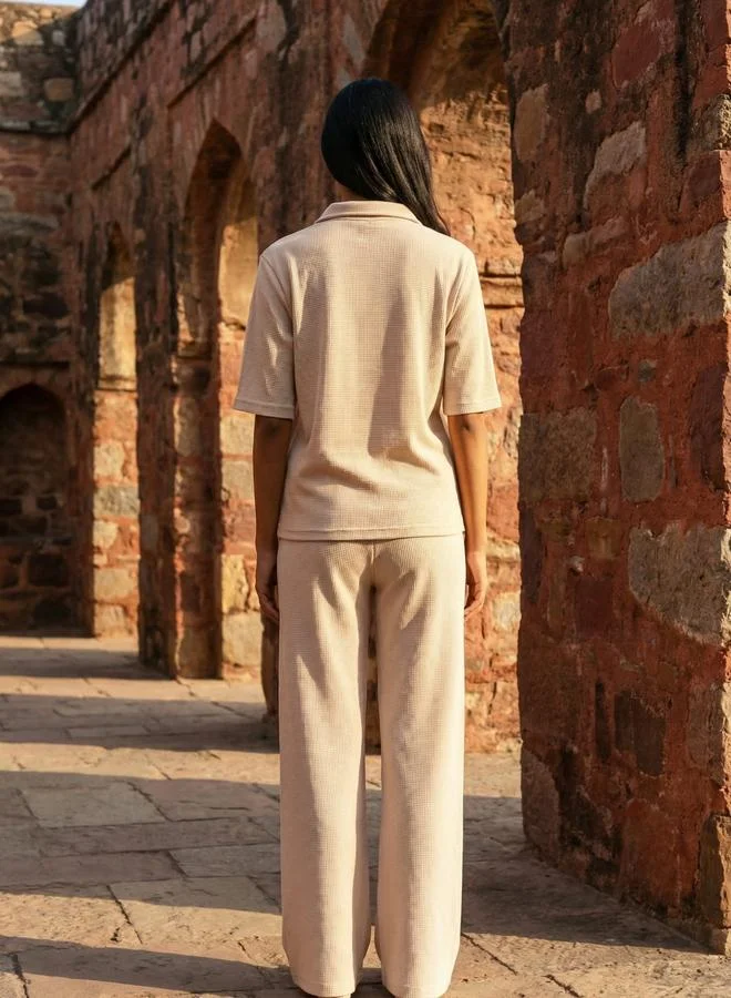 Sanskrutihomes Beige Solid Polo T-Shirt and Straight Leg Pants Pyjama Set
