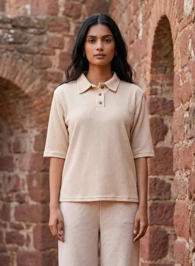 Sanskrutihomes Beige Solid Polo T-Shirt and Straight Leg Pants Pyjama Set
