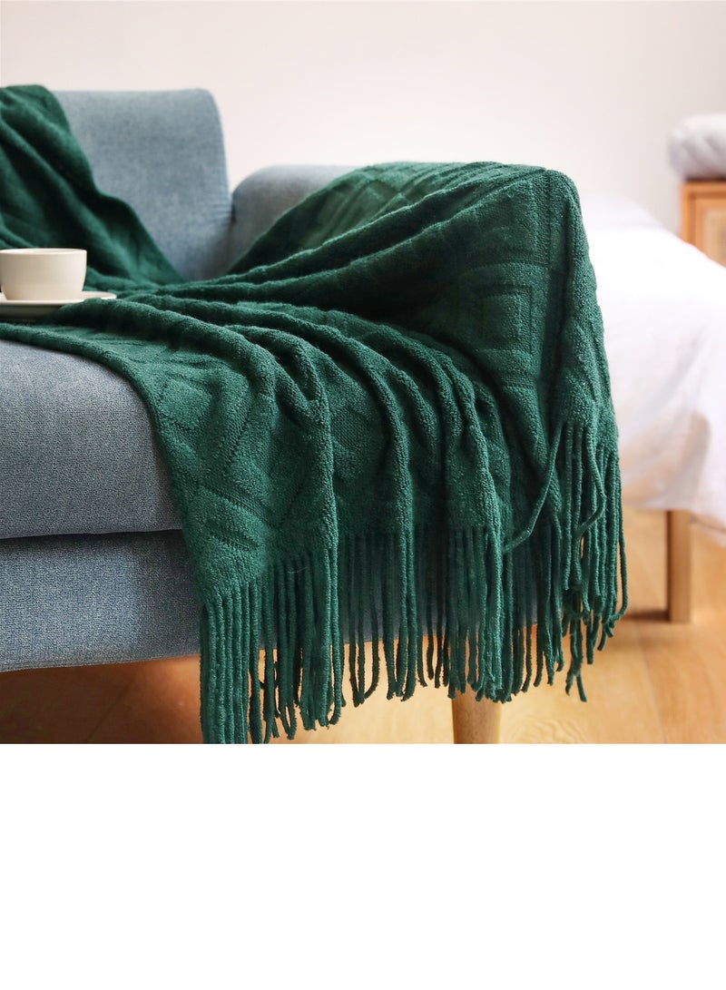 Loquat Solid Color Tassel Design Jacquard Weave Knitted Soft Throw Blanket Dark Green
