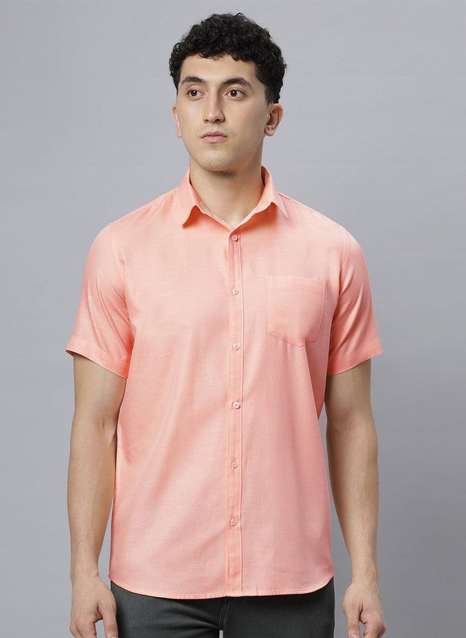 Hence Men Spread Collar Solid Cotton Slim Fit Casual Shirt in Peach - Image 1