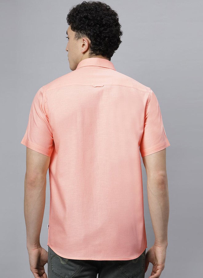 Hence Men Spread Collar Solid Cotton Slim Fit Casual Shirt in Peach - Image 5