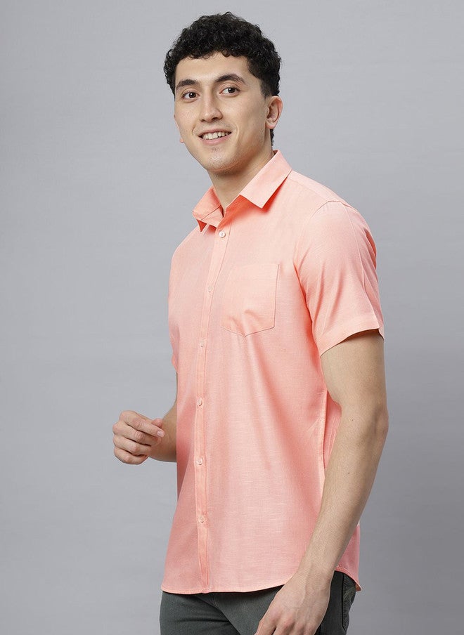Hence Men Spread Collar Solid Cotton Slim Fit Casual Shirt in Peach - Image 4