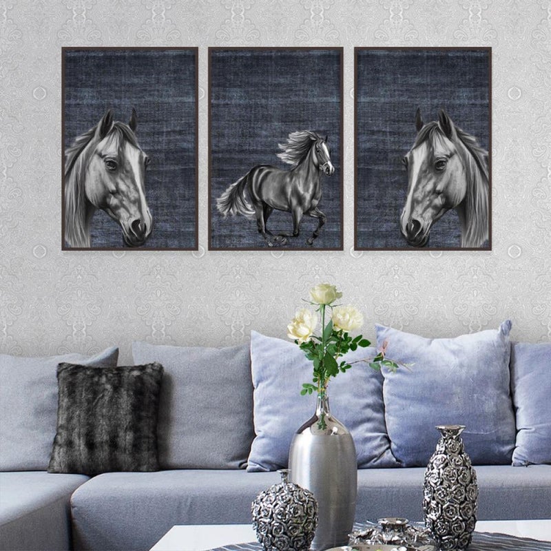 Marktna Three canvas paintings with a horse design and a hollow frame, measuring (150×70), three pieces - Image 3