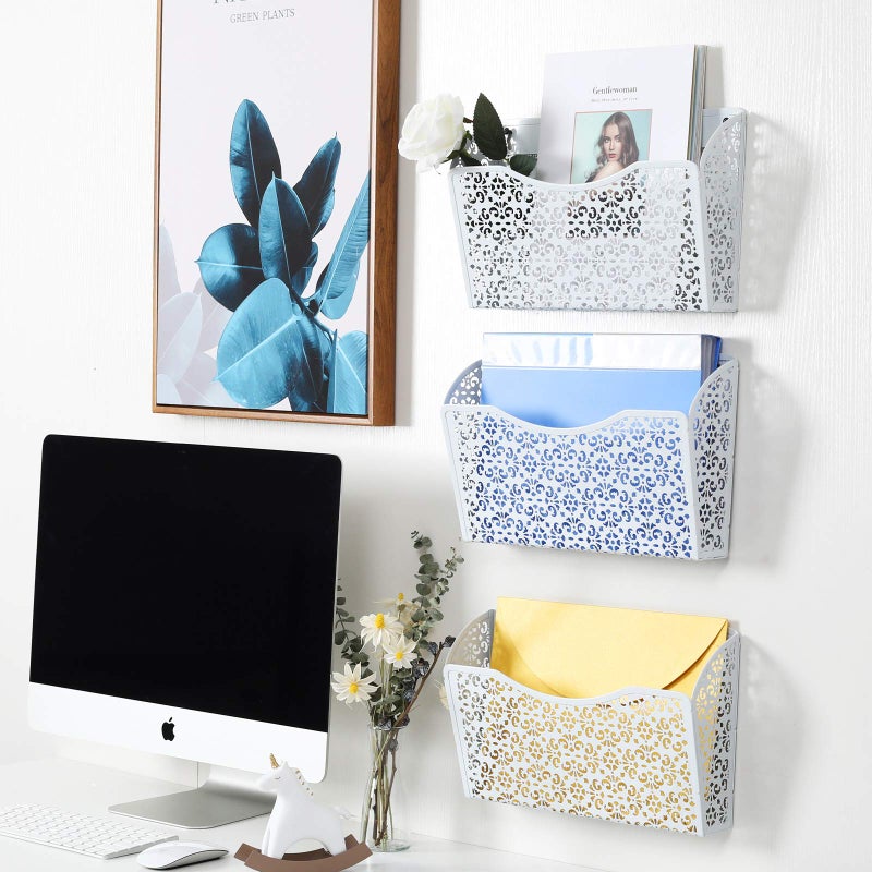 EasyPAG 3 Pack Hollow Design Wall-Mounted File Organizer - Heavy Duty Metal, Vertical Space Saving, Letter Size Single Pocket Holder for Office, Home, School, White - Image 5
