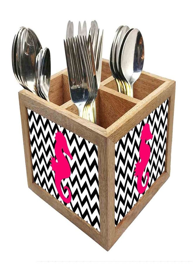 Nutcase Wooden Cutlery Stand Holder Silverware Caddy Spoons Forks Knives Organizer for Dining Table & Kitchen -Made in India-Spoons NOT Included - Sea Horse - Image 1