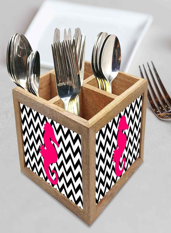 Nutcase Wooden Cutlery Stand Holder Silverware Caddy Spoons Forks Knives Organizer for Dining Table & Kitchen -Made in India-Spoons NOT Included - Sea Horse - Image 2