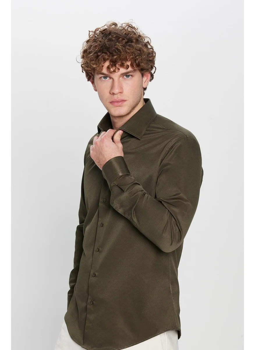 Tudors Slim Fit Cotton Plain Khaki Men's Shirt