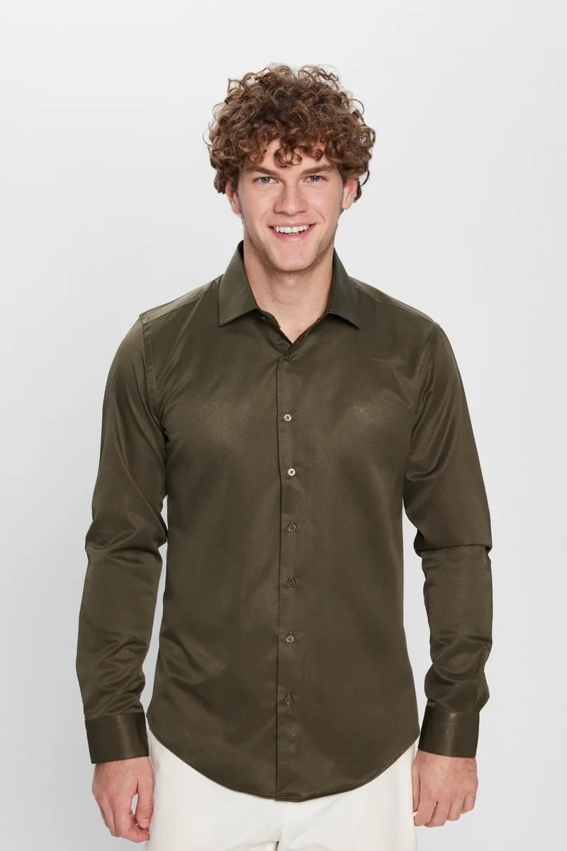 تودورس Slim Fit Cotton Plain Khaki Men's Shirt