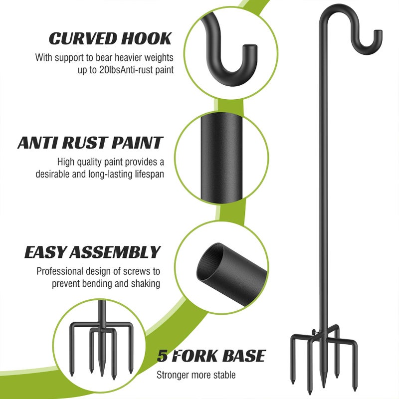 Forlogic Bird Feeder Pole 76 Inches Shepherd Hooks for Outdoor, Heavy Duty Bird Feeder Pole for Garden Decor, Black Shepherd Stand for Plant Baskets Wind Chime with 5 Base Prongs - Image 3