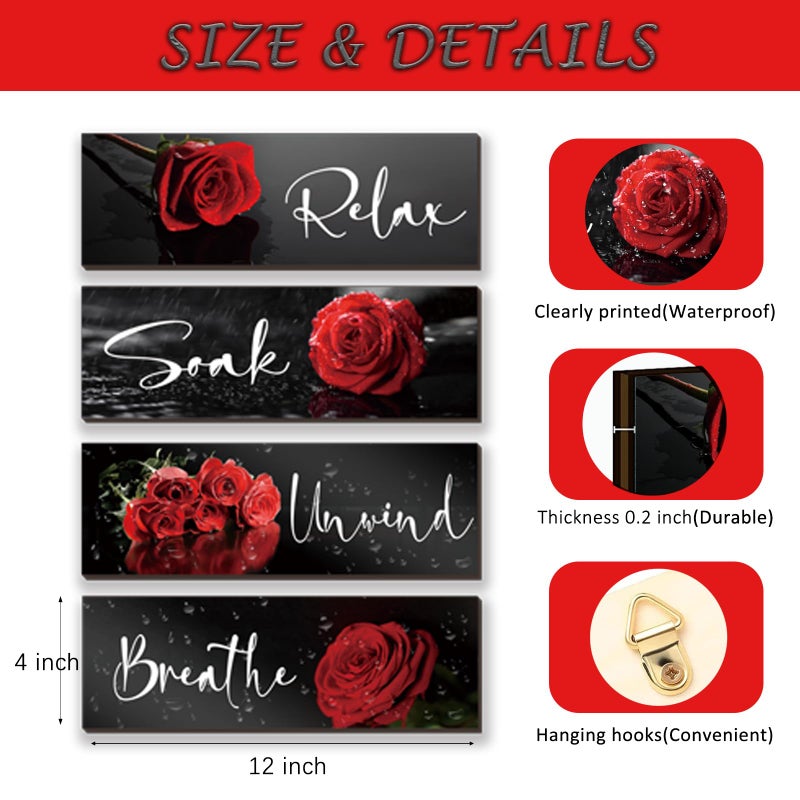 ZINYAZHE 4 Pieces Red Rose Bathroom Wall Decors Flower Restroom Red Decor Relax Soak Unwind Breathe Red Wall Art Farmhouse Red Bathroom Decor Sign for Bedroom Living Room Home Decoration(Red Rose 12x4 Inch) - Image 2