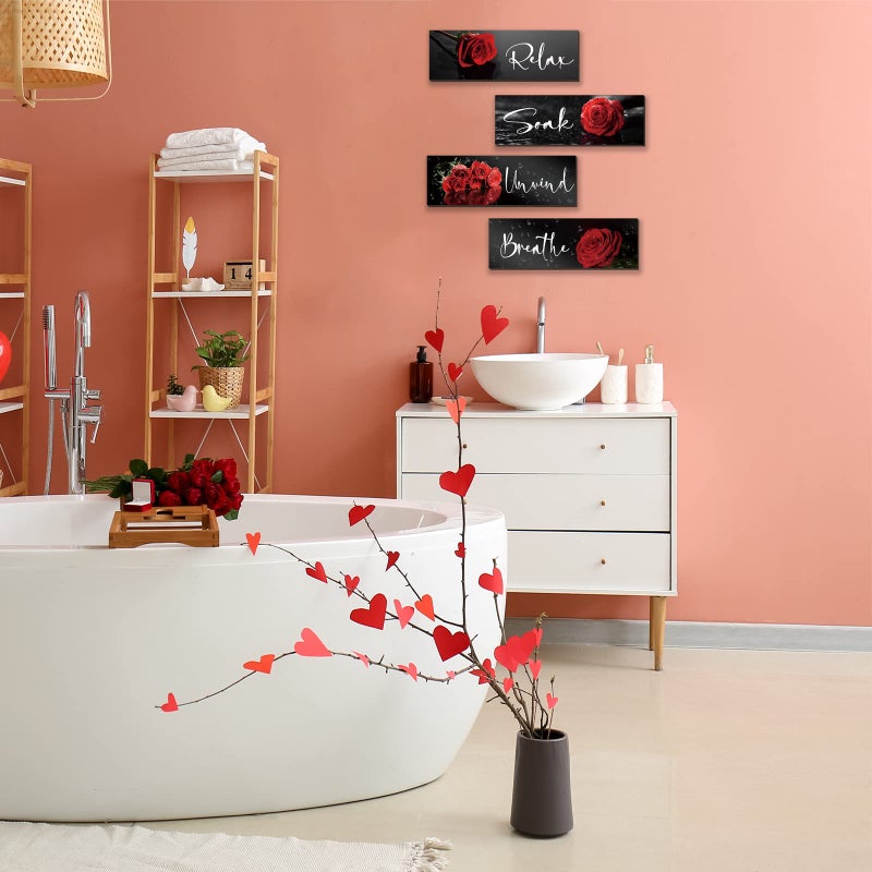 ZINYAZHE 4 Pieces Red Rose Bathroom Wall Decors Flower Restroom Red Decor Relax Soak Unwind Breathe Red Wall Art Farmhouse Red Bathroom Decor Sign for Bedroom Living Room Home Decoration(Red Rose 12x4 Inch) - Image 3
