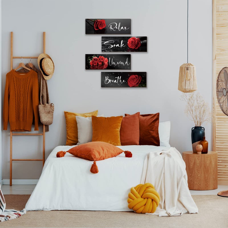 ZINYAZHE 4 Pieces Red Rose Bathroom Wall Decors Flower Restroom Red Decor Relax Soak Unwind Breathe Red Wall Art Farmhouse Red Bathroom Decor Sign for Bedroom Living Room Home Decoration(Red Rose 12x4 Inch) - Image 1