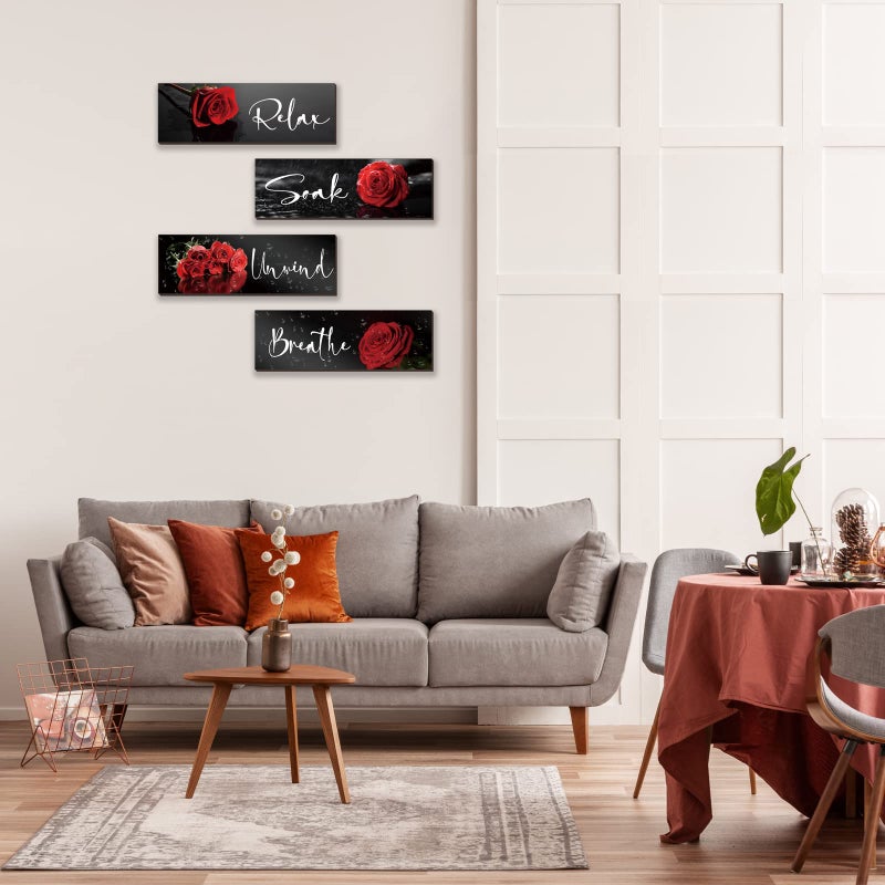 ZINYAZHE 4 Pieces Red Rose Bathroom Wall Decors Flower Restroom Red Decor Relax Soak Unwind Breathe Red Wall Art Farmhouse Red Bathroom Decor Sign for Bedroom Living Room Home Decoration(Red Rose 12x4 Inch) - Image 4