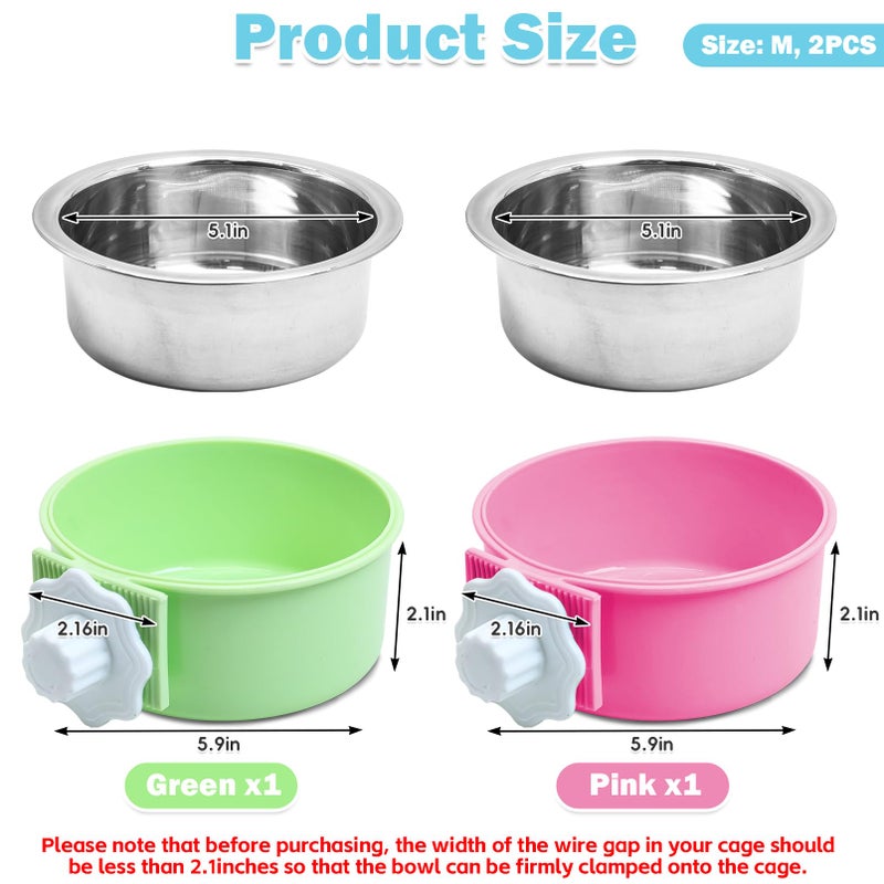 kathson Crate Dog Bowl, Removable Stainless Steel Hanging Pet Cage Bowl Food & Water Feeder Coop Cup for Cat, Puppy, Birds, Rats, Guinea Pigs (2 PCS, Size: M, Green and Pink) - Image 2