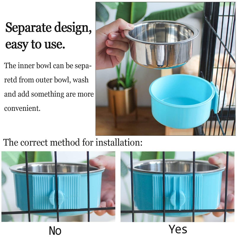 kathson Crate Dog Bowl, Removable Stainless Steel Hanging Pet Cage Bowl Food & Water Feeder Coop Cup for Cat, Puppy, Birds, Rats, Guinea Pigs (2 PCS, Size: M, Green and Pink) - Image 5