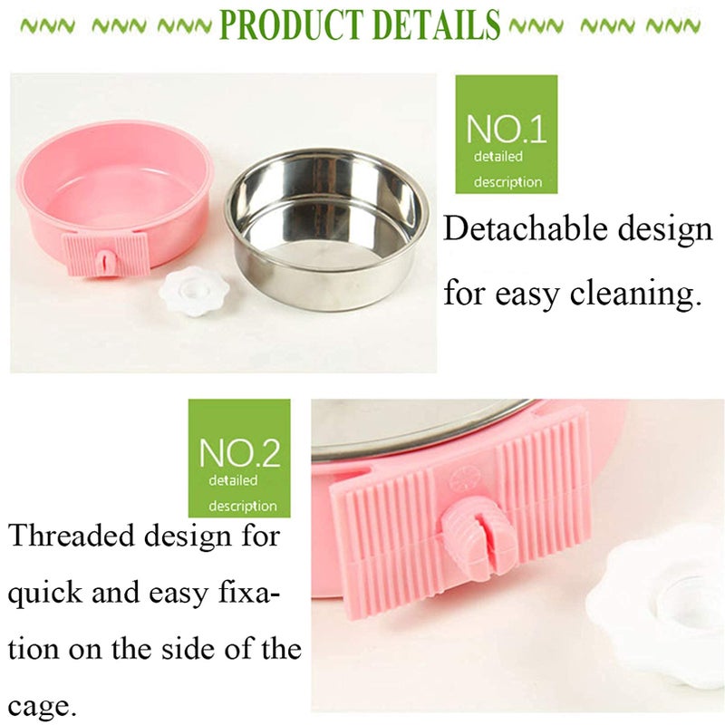 kathson Crate Dog Bowl, Removable Stainless Steel Hanging Pet Cage Bowl Food & Water Feeder Coop Cup for Cat, Puppy, Birds, Rats, Guinea Pigs (2 PCS, Size: M, Green and Pink) - Image 3