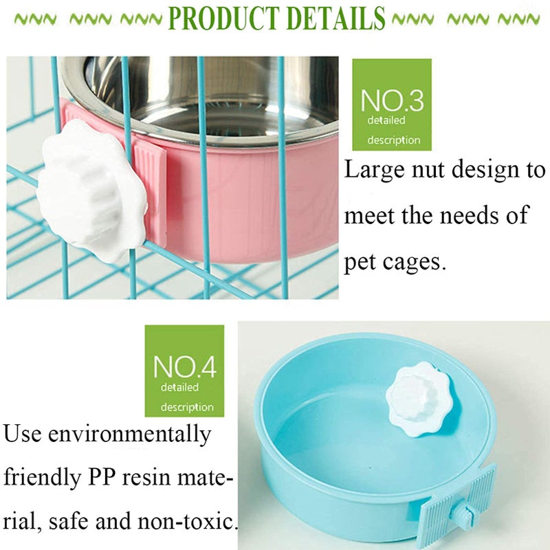 kathson Crate Dog Bowl, Removable Stainless Steel Hanging Pet Cage Bowl Food & Water Feeder Coop Cup for Cat, Puppy, Birds, Rats, Guinea Pigs (2 PCS, Size: M, Green and Pink) - Image 4