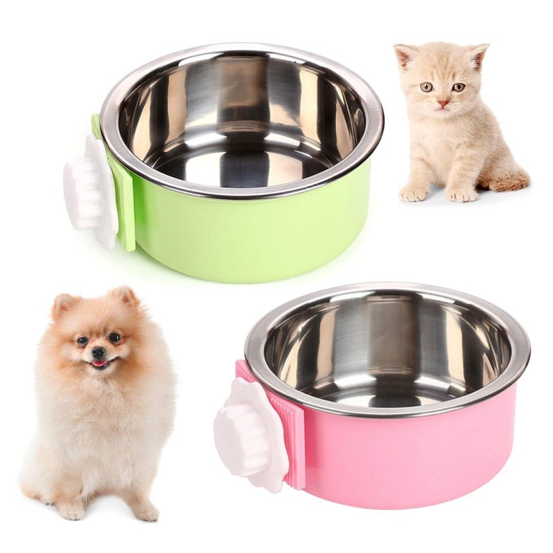 kathson Crate Dog Bowl, Removable Stainless Steel Hanging Pet Cage Bowl Food & Water Feeder Coop Cup for Cat, Puppy, Birds, Rats, Guinea Pigs (2 PCS, Size: M, Green and Pink) - Image 1