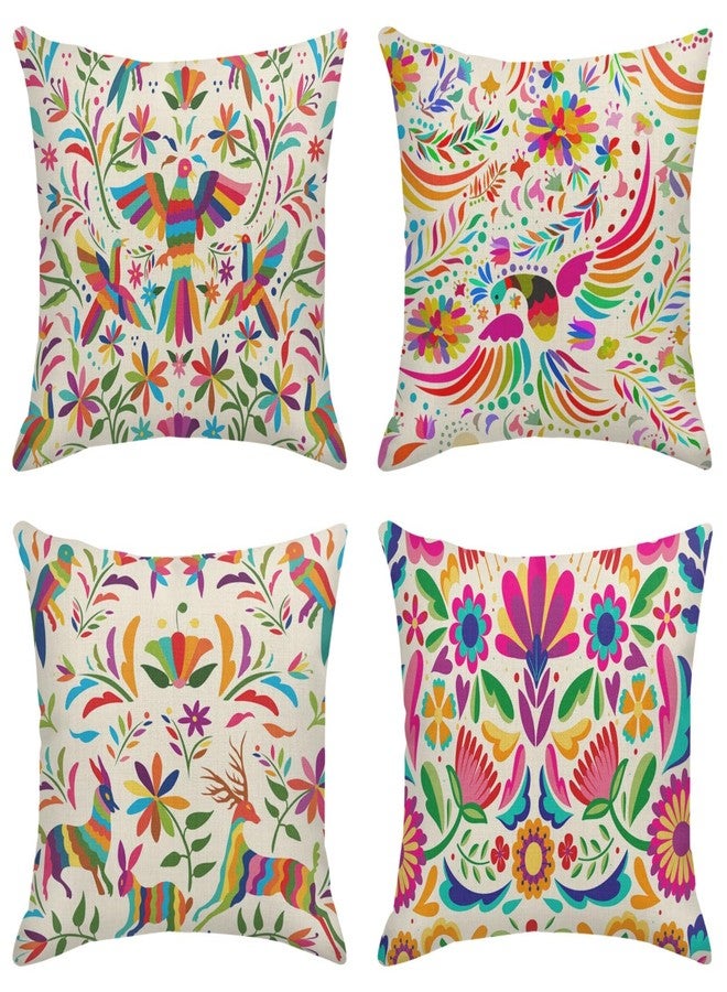 Sanwarm Throw Pillow Covers Home Decor Set of 4 Pillow Cases Decorative 18 x 18 Inches Cushion Couch Sofa Pillowcases Mexican Colorful Ethnic Birds Flowers - Image 1