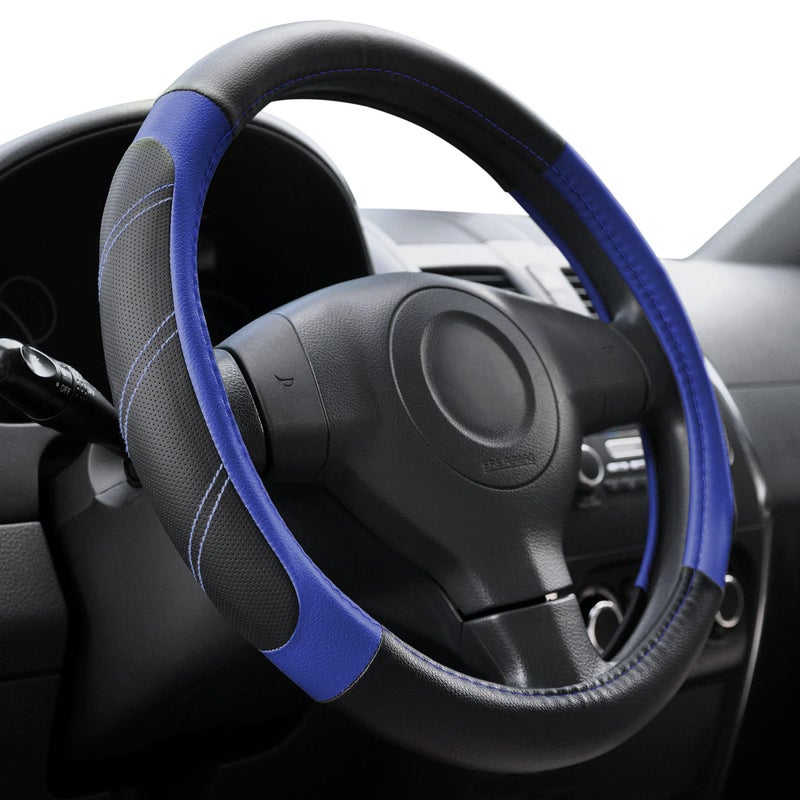 Elantrip Steering Wheel Cover Leather 14 1/2 to 15 inch Universal Padded Soft Grip Breathable for Car Truck SUV Jeep Anti Slip Blue and Black - Image 1