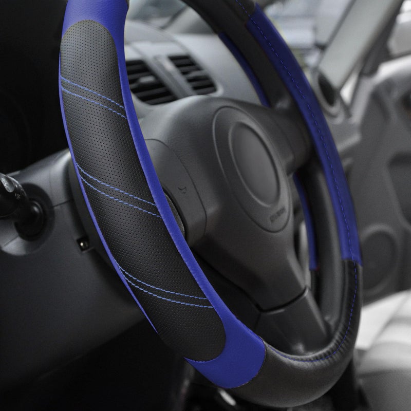 Elantrip Steering Wheel Cover Leather 14 1/2 to 15 inch Universal Padded Soft Grip Breathable for Car Truck SUV Jeep Anti Slip Blue and Black - Image 3