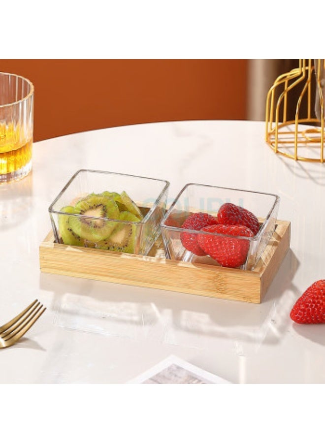 بروماس طقم مكون من قطعتين من أوعية الحلوى والوجبات الخفيفة الزجاجية مع صينية من الخيزران