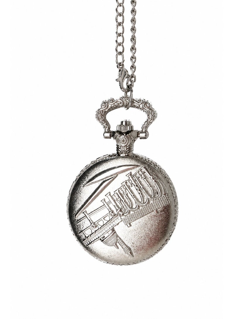 Classic Silver Pocket Watch with Chain and Engraved Cover - Image 2