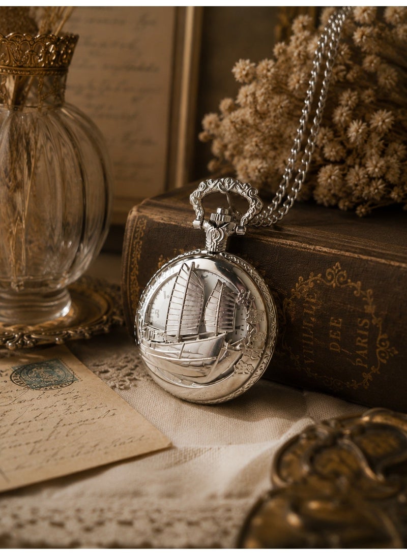 Classic Silver Pocket Watch with Chain and Engraved Cover - Image 1