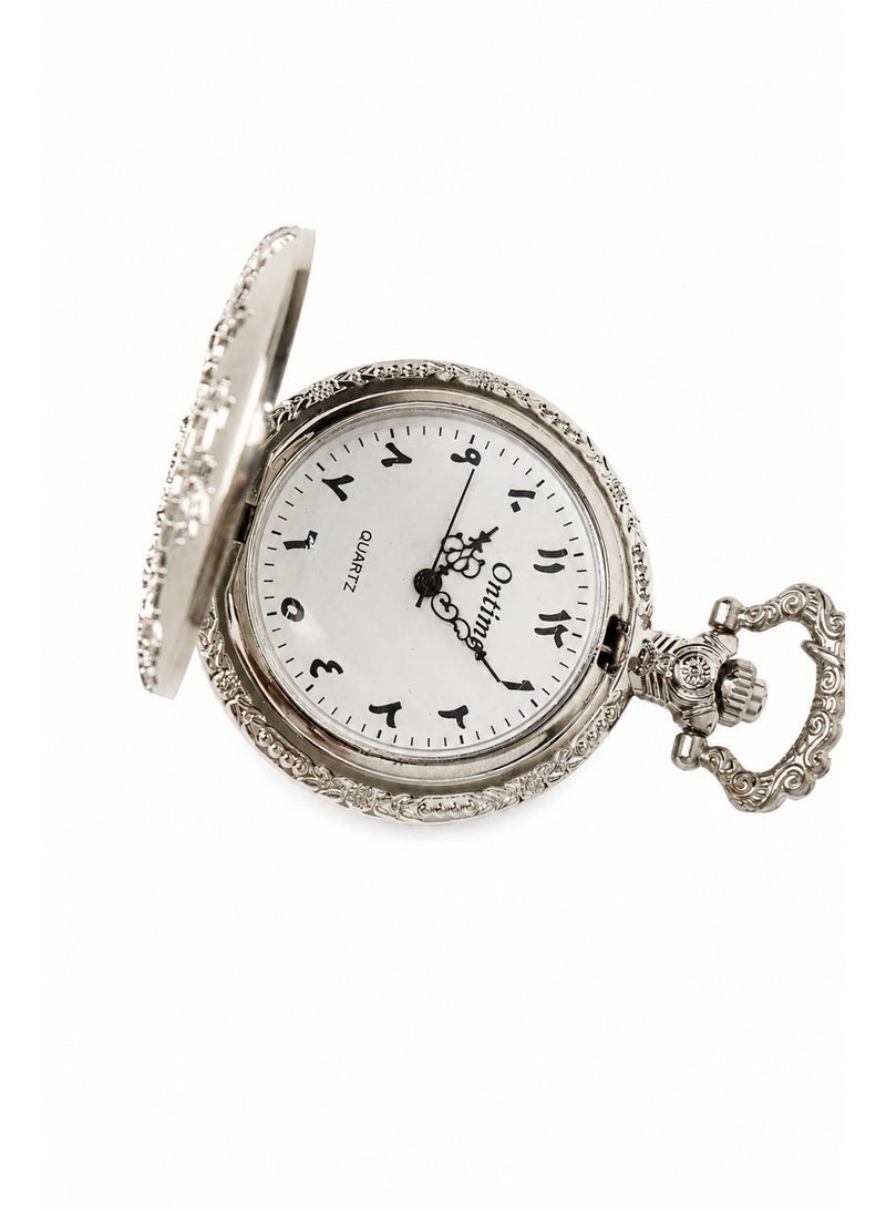 Classic Silver Pocket Watch with Chain and Engraved Cover - Image 5